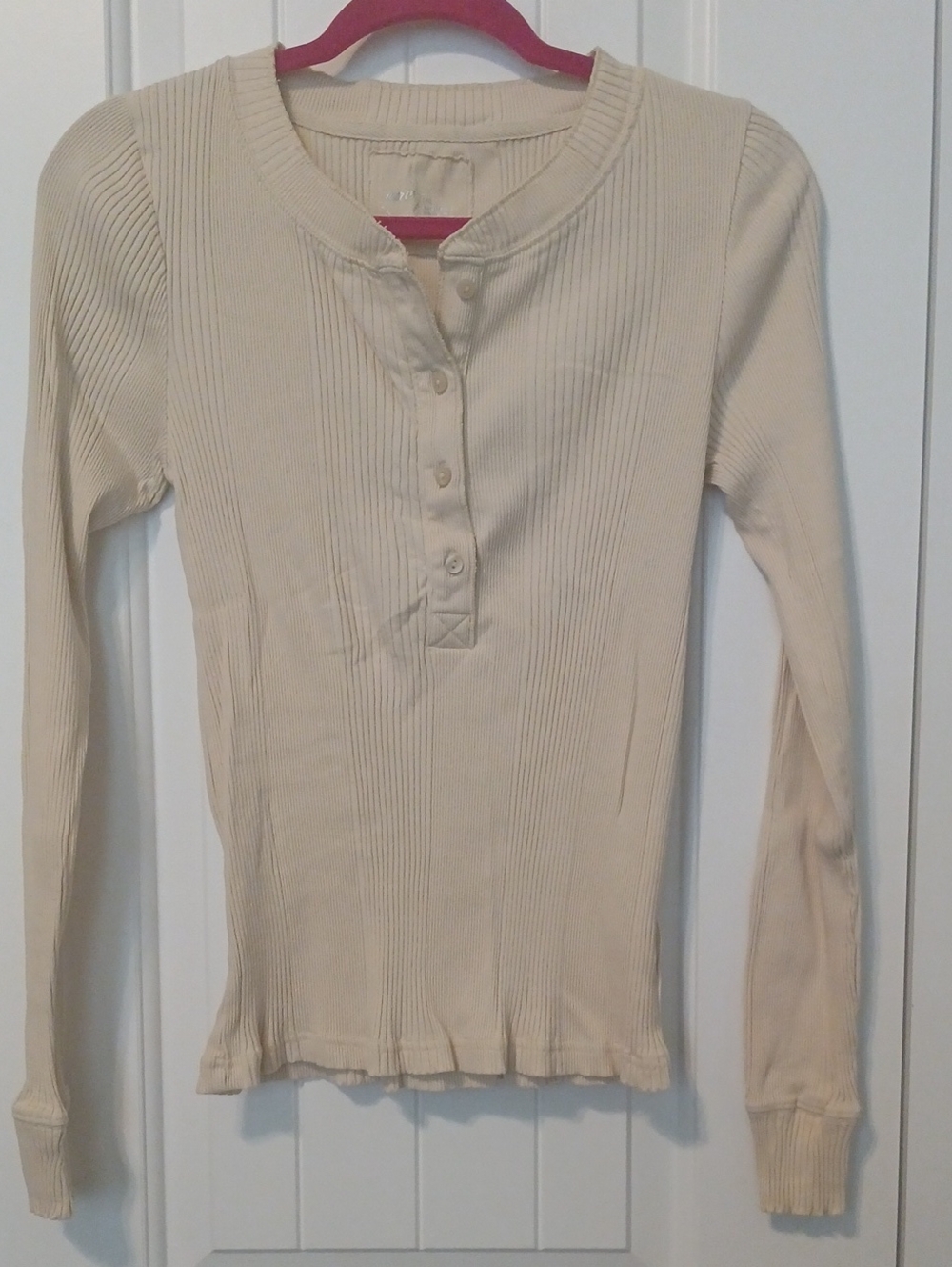 Cream Ribbed Henley Long Sleeve Top